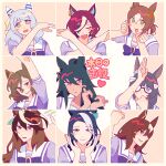  6+girls animal_ears arm_up black_hair blue_eyes bow bowtie brown_hair closed_eyes ear_covers eyepatch fine_motion_(umamusume) glasses gocic green_eyes grey_hair hair_ornament hands_up happy_birthday heart heart_hands highres hishi_miracle_(umamusume) horse_ears long_hair looking_at_viewer mejiro_ramonu_(umamusume) mole mole_under_eye multicolored_hair multiple_girls open_mouth ponytail portrait purple_shirt sailor_collar school_uniform shirt short_hair short_sleeves sirius_symboli_(umamusume) smile streaked_hair symboli_kris_s_(umamusume) tanino_gimlet_(umamusume) tap_dance_city_(umamusume) tracen_school_uniform translation_request umamusume violet_eyes x_arms zenno_rob_roy_(umamusume) 