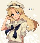  1girl arisa_(aren) arm_behind_back black_eyes blonde_hair blouse blue_eyes blush closed_mouth commentary eyes_visible_through_hair floating_hair flower_(symbol) grey_background grey_sailor_collar hand_in_own_hair hand_up hat head_tilt long_hair looking_at_viewer neckerchief original pleated_skirt purple_neckerchief sailor_collar sailor_hat shirt short_sleeves skirt smile solo upper_body white_headwear white_shirt white_skirt wind 