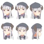  1girl beret black_headwear black_vest blush closed_mouth collared_shirt cropped_torso expressions grey_hair grey_shirt hat highres horns kuro_kosyou long_hair multiple_views original parted_lips pointy_ears profile shirt simple_background upper_body vest violet_eyes white_background 