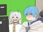  1girl 2boys blue_hair blush frieren green_screen himmel_(sousou_no_frieren) laughing multiple_boys perutore sousou_no_frieren 