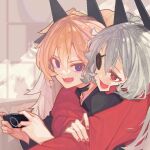  2girls :d annoyed black_choker black_shirt blonde_hair blue_eyes choker clear_(djmax) collared_shirt djmax djmax_respect eyepatch fail_(djmax) fang grey_hair hair_between_eyes hair_ornament handheld_game_console holding holding_handheld_game_console hug hug_from_behind light long_hair looking_at_another multiple_girls open_mouth playstation_portable red_eyes red_nails red_shirt shirt skin_fang smile upper_body wronstap yellow_nails 