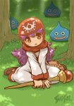 1girl brown_eyes commentary_request dragon_quest dragon_quest_ii forest full_body grass hood long_hair nature outdoors princess_of_moonbrook purple_hair robe shisui sitting slime_(dragon_quest) solo staff white_robe 
