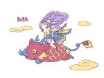  1girl 2024 blush chibi chinese_clothes chinese_zodiac clouds commentary dragon fate/grand_order fate_(series) flying hanfu harada_takehito long_hair open_mouth parted_bangs pink_eyes purple_hair riding smile wu_zetian_(fate) year_of_the_dragon 