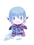  1boy armor belt_choker blue_eyes blue_hair chainmail character_doll closed_mouth final_fantasy final_fantasy_xiv flower fumo_(doll) haurchefant_greystone highres lopear no_humans simple_background smile stuffed_toy white_background wrapped_candy 