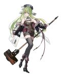  1girl absurdres arknights belt belt_pouch coat commentary_request green_hair grey_thighhighs hammer hat hat_feather highres holding holding_hammer hsng_(hoshinagi) long_hair poncirus_(arknights) pouch thigh-highs violet_eyes war_hammer weapon white_background 