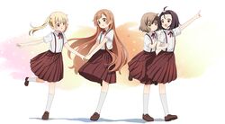  4girls abe_kanari arm_up autumn_leaves black_hair blonde_hair bow bowtie brown_eyes brown_footwear brown_hair brown_skirt clenched_hand collared_shirt commentary cube_hair_ornament falling_leaves flower_(symbol) forehead full_body gradient_background hair_ornament hand_on_another&#039;s_chest hand_on_another&#039;s_shoulder high_ponytail highres holding_hands index_finger_raised leaf leg_up light_brown_hair loafers long_hair looking_at_another multicolored_background multiple_girls ogawa_kokoro oomuro-ke oomuro_hanako open_mouth orange_background pink_background pleated_skirt red_bow red_bowtie red_eyes school_uniform shadow shirt shoes short_hair short_sleeves skirt smile socks souma_mirai suspender_skirt suspenders sweatdrop takasaki_misaki_(yuru_yuri) twintails v-shaped_eyebrows very_long_hair white_background white_shirt white_socks yellow_background yuru_yuri 