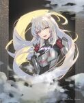  1girl animal_ears armor black_gloves cat_ears chest_jewel fang fog gloves grey_hair hand_on_own_chest highres long_hair m_(xenoblade) twitter_username xenoblade_chronicles_(series) xenoblade_chronicles_3 yanagimachi yellow_eyes 