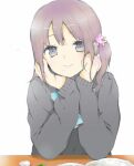  1girl blue_eyes blue_ribbon clenched_hand closed_mouth desk eraser flower grey_sweater hair_between_eyes hair_flower hair_ornament hands_on_own_cheeks hands_on_own_face head_rest kokoro_connect long_sleeves looking_at_viewer loveachelove lowres medium_hair nagase_iori neck_ribbon pencil purple_hair raised_eyebrows ribbon side_ponytail simple_background sitting smile solo sweater upper_body white_background 