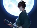  1boy absurdres black_hair blood blood_on_face blue_eyes drawing_sword fate/samurai_remnant fate_(series) full_moon glint haori highres holding holding_sword holding_weapon japanese_clothes katana male_focus miyamoto_iori_(fate) moon sword tsukudani_(ore624) weapon 