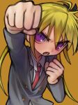  1girl ahoge angry arm_up black_ribbon blazer blonde_hair blush clenched_hands collared_shirt commentary_request foreshortening frown glaring grey_jacket hair_ribbon highres incoming_attack incoming_punch jacket kill_me_baby looking_at_viewer necktie open_mouth punching red_necktie ribbon sanpaku school_uniform shirt simple_background solo sonya_(kill_me_baby) twintails uee_m upper_body v-shaped_eyebrows violet_eyes white_shirt yellow_background 