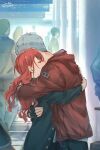  1boy 1girl black_coat buttons closed_eyes coat comforting grey_hair highres hug jacket kirijou_mitsuru long_hair persona persona_3 red_jacket redhead sanada_akihiko short_hair soc_nau 