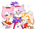  3girls amy_rose animal_ears blaze_the_cat cat_ears cat_girl cat_tail closed_eyes cream_the_rabbit dress forehead_jewel furry furry_female green_eyes hairband hedgehog_girl kusunoki_cherry looking_at_viewer multiple_girls one_eye_closed orange_dress pants pink_fur ponytail purple_fur rabbit_ears rabbit_girl rabbit_tail red_dress red_hairband smile sonic_(series) tail white_pants yellow_eyes 