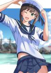  1girl black_hair blue_sailor_collar blue_skirt blue_sky blurry character_name clouds day depth_of_field fubuki_(kancolle) green_eyes hat highres kantai_collection kikuchi-shoogo medium_hair one_eye_closed open_mouth outdoors round_teeth sailor_collar sailor_hat sailor_shirt school_uniform serafuku ship shirt sidelocks skirt sky smile solo teeth upper_teeth_only watercraft white_headwear white_shirt 