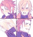  4boys angeal_hewley angry armor blush coat crisis_core_final_fantasy_vii d8j0j ear_blush embarrassed facial_hair facing_to_the_side final_fantasy final_fantasy_vii finger_to_cheek from_side furrowed_brow genesis_rhapsodos gloves hand_up high_collar highres laughing light_frown limited_palette long_bangs long_hair looking_at_viewer male_focus multiple_boys nose_blush open_mouth parted_bangs parted_lips pauldrons sephiroth short_hair shoulder_armor spiky_hair sweatdrop turtleneck upper_body white_background zack_fair 
