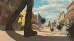  1girl 2boys boots brown_headwear building cityscape clouds cloudy_sky cowboy cowboy_boots cowboy_hat cowboy_western desert duel from_below hat holster multiple_boys others_(gogo-o) outdoors sand scenery sea_urchin sky wide_shot 