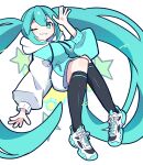 aqua_eyes aqua_footwear aqua_hair aqua_hoodie asymmetrical_clothes baggy_clothes black_socks blush_stickers breasts hair_between_eyes halftone_texture hatsune_miku highres hood hoodie long_hair medium_breasts narrow_waist one_eye_closed pigeon-toed sacrai shoes sidelocks single_stripe sneakers socks starry_background twintails very_long_hair vocaloid white_footwear wide_sleeves