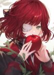  1girl apple black_jacket commentary food fruit gauze_on_cheek green_eyes holding holding_food holding_fruit jacket kanmei limbus_company long_sleeves looking_at_viewer plant portrait project_moon redhead short_hair solo symbol-only_commentary vines yuri_(project_moon) 