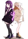  2girls :t absurdres baggy_clothes bare_legs coat commentary dangle_earrings drop_earrings earrings elf english_commentary fashion fern_(sousou_no_frieren) frieren highres jewelry jobin_chan legs long_hair looking_at_viewer mage_staff multiple_girls nemophila_(flower) pointy_ears purple_hair sousou_no_frieren violet_eyes white_hair winter_clothes 