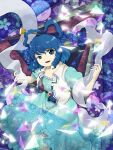  1girl abstract_background aqua_dress blue_background blue_eyes blue_hair dress feet_out_of_frame finger_gun finger_gun_to_head frilled_dress frills hagoromo hair_ornament hair_rings hair_stick half-closed_eye highres kaku_seiga looking_at_viewer medium_hair official_style open_clothes open_mouth open_vest parasite_oyatsu puffy_short_sleeves puffy_sleeves shawl short_sleeves solo touhou vest white_vest zun_(style) 