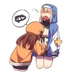 2girls absurdres androgyne_symbol bike_shorts black_gloves blonde_hair bridget_(guilty_gear) brown_hair cabbie_hat female_focus fingerless_gloves garden27 gloves guilty_gear guilty_gear_strive habit hat highres hood hood_up hooded_jacket hoodie jacket long_hair long_sleeves male_focus may_(guilty_gear) medium_hair open_clothes open_hoodie open_mouth orange_headwear orange_hoodie puffy_long_sleeves puffy_sleeves sleepy waking_up yawning