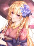  1girl absurdres blonde_hair braid brown_sash floral_print flower hair_flower hair_ornament hair_ribbon highres holding holding_umbrella japanese_clothes kimono koyo_aki_(vtvd5277) long_hair new_year obi oil-paper_umbrella original parted_lips pink_eyes pink_kimono purple_flower purple_ribbon ribbon sash solo twin_braids umbrella upper_body 