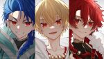  3boys alexander_(fate) blonde_hair blue_hair braid child_gilgamesh_(fate) column_lineup cu_chulainn_(fate) dot_nose earrings fate/grand_order fate_(series) gilgamesh_(fate) gradient_background grey_background grin hair_between_eyes hair_over_shoulder highres hood jewelry looking_at_viewer male_focus medium_hair messy_hair multiple_boys necklace nekohanemocha open_mouth rainbow_order red_eyes redhead setanta_(fate) shirt smile twitter_username upper_body white_background white_shirt 