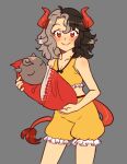  1girl animal_ears bare_shoulders caramelized_tomatoes cow_ears cow_girl cow_horns cow_tail cowboy_shot frilled_shorts frills grey_background holding horns looking_at_viewer medium_hair multicolored_hair puffy_shorts red_eyes red_horns red_tail shorts smile solo tail touhou two-tone_hair ushizaki_urumi wavy_hair yellow_shorts 