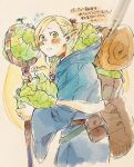  1girl backpack bag belt_pouch blonde_hair blue_capelet blue_robe blush braid braided_ponytail cabbage capelet choker dungeon_meshi elf flying_sweatdrops food green_eyes highres holding holding_food holding_staff holding_vegetable hood kmttta long_sleeves marcille_donato pointy_ears pouch red_choker red_ribbon ribbon robe sleeping_bag staff sweatdrop traditional_media vegetable 
