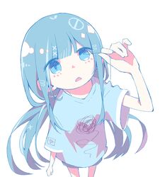  1girl blue_eyes blue_hair blue_shirt foreshortening from_above hair_ornament highres long_hair matabeku no_symbol original parted_lips pastel_colors perspective scribble shirt sidelocks solo squiggle thigh_gap white_background x_hair_ornament 