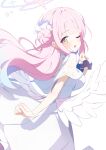  1girl absurdres angel_wings blue_archive feathered_wings flower hair_bun hair_flower hair_ornament halo highres long_hair looking_at_viewer mika_(blue_archive) pink_hair pink_halo purple_flower simple_background single_side_bun solo white_background white_wings wings yamada_auto yellow_eyes 