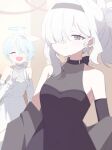  2girls arona_(blue_archive) black_dress black_eyes blue_archive blue_dress blue_hair breasts closed_eyes closed_mouth dress hair_over_one_eye long_hair multiple_girls open_mouth plana_(blue_archive) retri short_hair sleeveless sleeveless_dress small_breasts smile white_hair 
