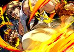  1boy alternate_color beard_stubble biceps buru-dai clenched_hand dougi facial_hair fighting_stance fingerless_gloves fire gloves grin ken_masters kicking large_pectorals male_focus muscular muscular_male pectorals red_gloves smile street_fighter stubble 