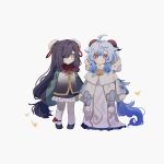  2girls aged_down ahoge bell black_gloves black_hair blue_hair bun_cover cape child chinese_clothes cowbell double_bun fur-trimmed_cape fur-trimmed_headwear fur-trimmed_hood fur_trim ganyu_(genshin_impact) genshin_impact gloves goat_horns hair_between_eyes hair_bun highres hood hood_up horns mgmgramen multiple_girls neck_bell official_alternate_costume official_alternate_hair_color official_alternate_hairstyle shenhe_(genshin_impact) sidelocks tail violet_eyes winter_clothes 
