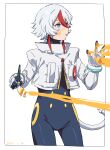  1boy :p absurdres black_bodysuit blue_eyes bodysuit highres holding holding_paintbrush jacket long_sleeves looking_to_the_side multicolored_hair paintbrush redhead shy_(series) smile solo takatisakana tongue tongue_out two-tone_hair white_background white_hair white_jacket yellow_bodysuit 