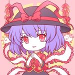  1girl alternate_costume black_headwear black_skirt bow chinese_clothes commentary_request frilled_shawl frills hat hat_bow looking_at_viewer nagae_iku open_mouth own_hands_together pink_background purple_hair red_bow red_eyes shawl short_hair simple_background skirt solo touhou youzikk 
