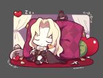  1boy alucard_(castlevania) ascot bat_(animal) black_cape black_coat black_footwear black_gloves blonde_hair cape castlevania_(series) chibi chibi_only closed_eyes coat coin crossed_arms curtains dollar_sign glint gloves head_on_pillow heart kotorai male_focus money_bag no_nose parted_lips pillow rosary sleeping sleeping_upright solo white_ascot zzz 