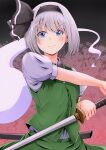  &gt;:) 1girl absurdres black_background black_bow black_hairband blue_eyes blush bow closed_mouth commentary_request cowboy_shot eyelashes fighting_stance green_skirt green_vest grey_hair hair_bow hairband highres holding holding_sword holding_weapon katana konpaku_youmu konpaku_youmu_(ghost) kyanta5354 looking_at_viewer pink_background puffy_short_sleeves puffy_sleeves sheath shirt short_hair short_sleeves simple_background skirt smile smug solo straight-on sword touhou two-tone_background v-shaped_eyebrows vest weapon white_shirt 