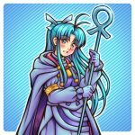  1girl antenna_hair blue_eyes blue_hair cloak gloves gold_bracelet golden_sun hair_ribbon holding holding_staff hood hooded_cloak light_blush long_hair looking_at_viewer mia_(golden_sun) ponytail ribbon robe simple_background staff striped_background thaumana wide_ponytail 