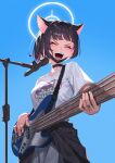  1girl absurdres alfie_(tmdals7645) animal_ears black_choker black_hair blue_archive blush breasts cat_ears choker closed_eyes colored_inner_hair commentary_request electric_guitar extra_ears guitar highres holding holding_instrument instrument kazusa_(blue_archive) medium_breasts microphone microphone_stand multicolored_hair music open_mouth pink_hair playing_instrument pleated_skirt shirt short_hair short_sleeves skirt smile solo white_shirt white_skirt 