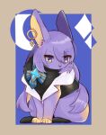  animal animal_ear_piercing animalization black_vest border bow closed_mouth clothed_animal crescent earrings grey_border hololive hololive_indonesia jewelry komi_(smcg7337) looking_to_the_side moona_hoshinova moona_hoshinova_(1st_costume) no_humans nostrils purple_hair rabbit sitting solo striped_bow vest violet_eyes whiskers 