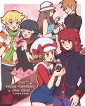  3boys 3girls barry_(pokemon) blonde_hair blue_oak blue_overalls blush brown_eyes brown_hair cabbie_hat candy chocolate closed_eyes donutous food green_scarf hat heart heart-shaped_chocolate hetero highres hikari_(pokemon) leaf_(pokemon) long_sleeves looking_at_another lyra_(pokemon) multiple_boys multiple_girls overalls pokemon pokemon_dppt pokemon_frlg pokemon_hgss poketch red_scarf redhead scarf silver_(pokemon) sleeveless smile sparkle valentine watch watch 