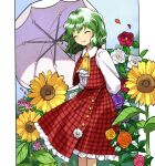  1girl ascot border closed_eyes falling_petals flower green_hair highres holding holding_umbrella jacket kaigen_1025 kazami_yuuka long_skirt looking_at_viewer orange_flower parasol petals pink_flower plaid plaid_jacket plaid_skirt purple_flower red_jacket red_skirt shirt skirt smile solo sunflower touhou umbrella white_border white_flower white_shirt yellow_ascot yellow_flower 