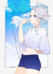  1girl absurdres ahoge aiwo_o_lite alternate_costume ascot balloon blue_hair blue_shorts candy clouds cloudy_sky drop-shaped_pupils food furina_(genshin_impact) genshin_impact highres light_blue_hair lollipop looking_at_viewer mismatched_pupils shirt shorts signature sky solo white_hair white_shirt 