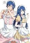  1boy 1girl alternate_costume ameno_(a_meno0) apron blue_eyes blue_hair breasts chrom_(fire_emblem) confused father_and_daughter fire_emblem fire_emblem_awakening hair_between_eyes hand_gesture heart heart_hands long_hair looking_at_viewer lucina_(fire_emblem) maid maid_headdress open_mouth short_hair small_breasts smile sweatdrop symbol-shaped_pupils thigh-highs very_long_hair white_background 