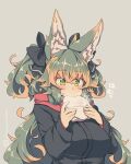  1girl animal_ear_fluff animal_ears black_coat black_ribbon breasts coat commentary_request eating food green_eyes green_hair grey_background hair_ribbon kuromiya kuromiya_raika large_breasts long_hair mochi multicolored_hair orange_hair original red_scarf ribbon scarf simple_background solo steam two-tone_hair upper_body 