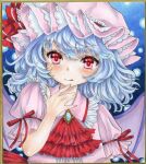  1girl :q absurdres ascot bat_wings blue_background blue_brooch blue_hair blush brooch buttons collared_shirt hat head_tilt highres jewelry looking_at_viewer marker_(medium) medium_hair mikeko_(user_zntg7852) mob_cap pink_headwear pink_shirt puffy_short_sleeves puffy_sleeves red_ascot red_eyes red_ribbon remilia_scarlet ribbon shirt short_sleeves sleeve_ribbon solo tongue tongue_out touhou traditional_media upper_body wings 