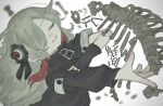  1girl artistic_error asymmetrical_sleeves black_coat black_flower black_gloves blurry blurry_background bone coat commentary faoru_ofuton fingerless_gloves flower gloves grey_hair hair_flower hair_ornament hair_over_one_eye hand_on_own_chest head_back high_collar highres isekai_joucho kamitsubaki_studio long_hair long_sleeves multicolored_hair one_eye_covered otome_kaibou_(vocaloid) outstretched_arm redhead ribs single_fingerless_glove single_glove skeleton smile solo song_name streaked_hair uneven_sleeves upper_body vignetting virtual_youtuber white_background zipper_pull_tab 