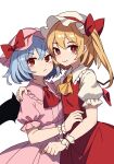  2girls ascot blonde_hair blue_hair cowboy_shot flandre_scarlet frills hat highres kv-san medium_hair mob_cap multiple_girls puffy_short_sleeves puffy_sleeves red_ascot red_eyes red_ribbon remilia_scarlet ribbon short_sleeves siblings side_ponytail simple_background smile touhou white_background yellow_ascot 