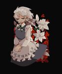  1girl apron black_background bow braid closed_eyes closed_mouth commentary dress english_commentary flower frilled_apron frills green_bow green_ribbon grey_dress grey_hair hair_bow highres izayoi_sakuya long_hair long_sleeves maid maid_headdress neck_ribbon puffy_long_sleeves puffy_sleeves red_flower ribbon roman_numeral signature smile solo touhou waist_apron white_apron white_flower zhepsikn 