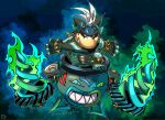  alternate_color alternate_costume alternate_eye_color alternate_hair_color armor aura bandana black_bandana black_neckerchief blue_eyes bowser_jr. claws commentary company_connection corruption crescent crossover dark_persona drill english_commentary evil_grin evil_smile facial_tattoo fierce_deity floating glowing glowing_weapon green_eyes grin highres horns junior_clown_car koopa_clown_car looking_at_viewer mismatched_sclera neckerchief no_pupils outstretched_arms ponytail possessed sharp smile spiked_shell spikes standing standing_on_one_leg stoic_seraphim super_mario_bros. super_mario_sunshine super_smash_bros. tattoo the_legend_of_zelda the_legend_of_zelda:_majora&#039;s_mask triangle weapon white_eyes white_hair wrist_guards 